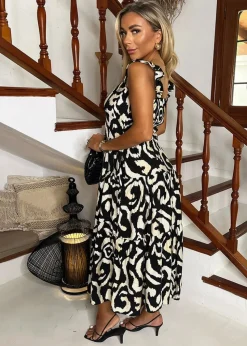 AX Paris Black & Cream Abstract Print Frill Strap Midi Dress