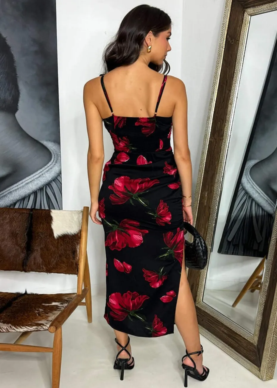 AX Paris Black & Red Floral Print Ruched Side Strappy Midi Dress