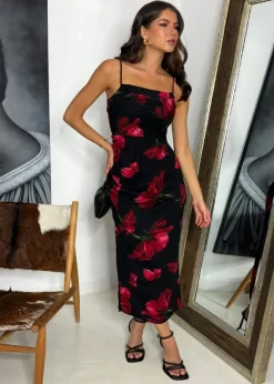 AX Paris Black & Red Floral Print Ruched Side Strappy Midi Dress