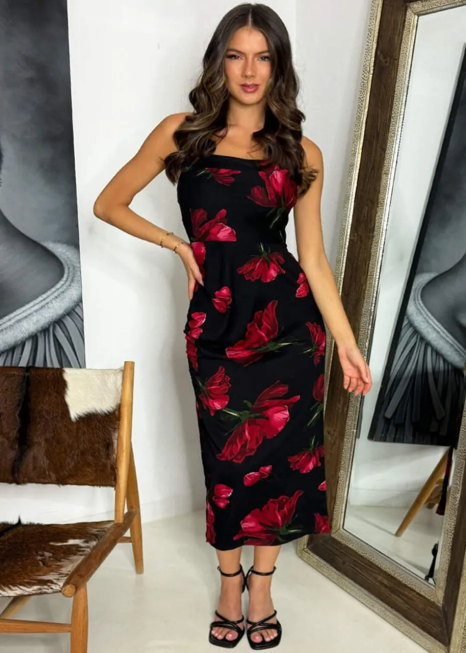 AX Paris Black & Red Floral Print Ruched Side Strappy Midi Dress