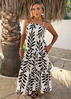 AX Paris Black & White Leaf Print Tie Neck Shirred Top Smock Midi Dress