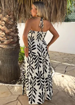 AX Paris Black & White Leaf Print Tie Neck Shirred Top Smock Midi Dress