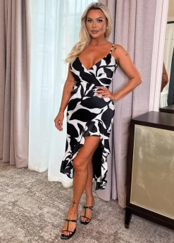 AX Paris Black & White Leaf Print Strappy Wrap Top High Low Frill Hem Midi Dress