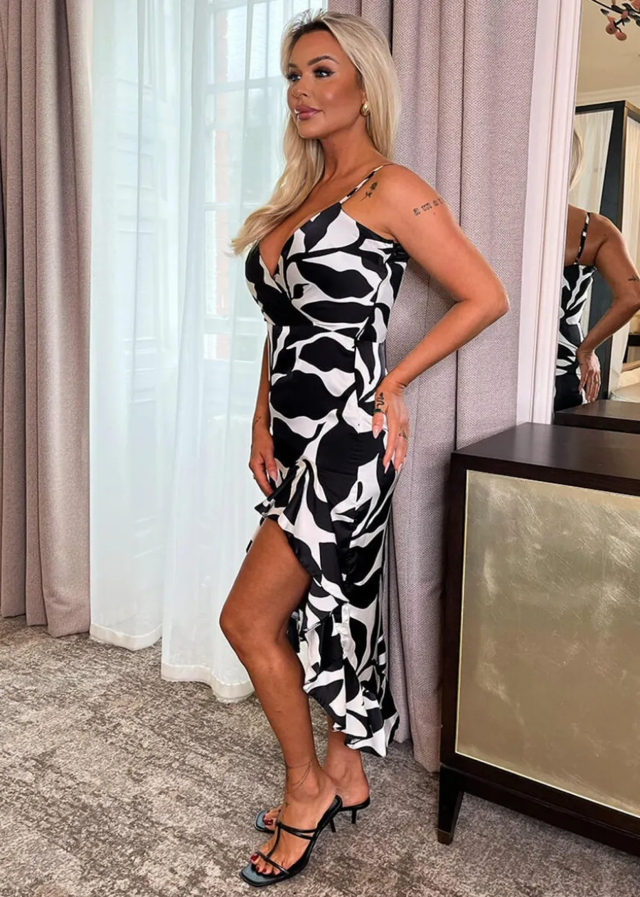AX Paris Black & White Leaf Print Strappy Wrap Top High Low Frill Hem Midi Dress