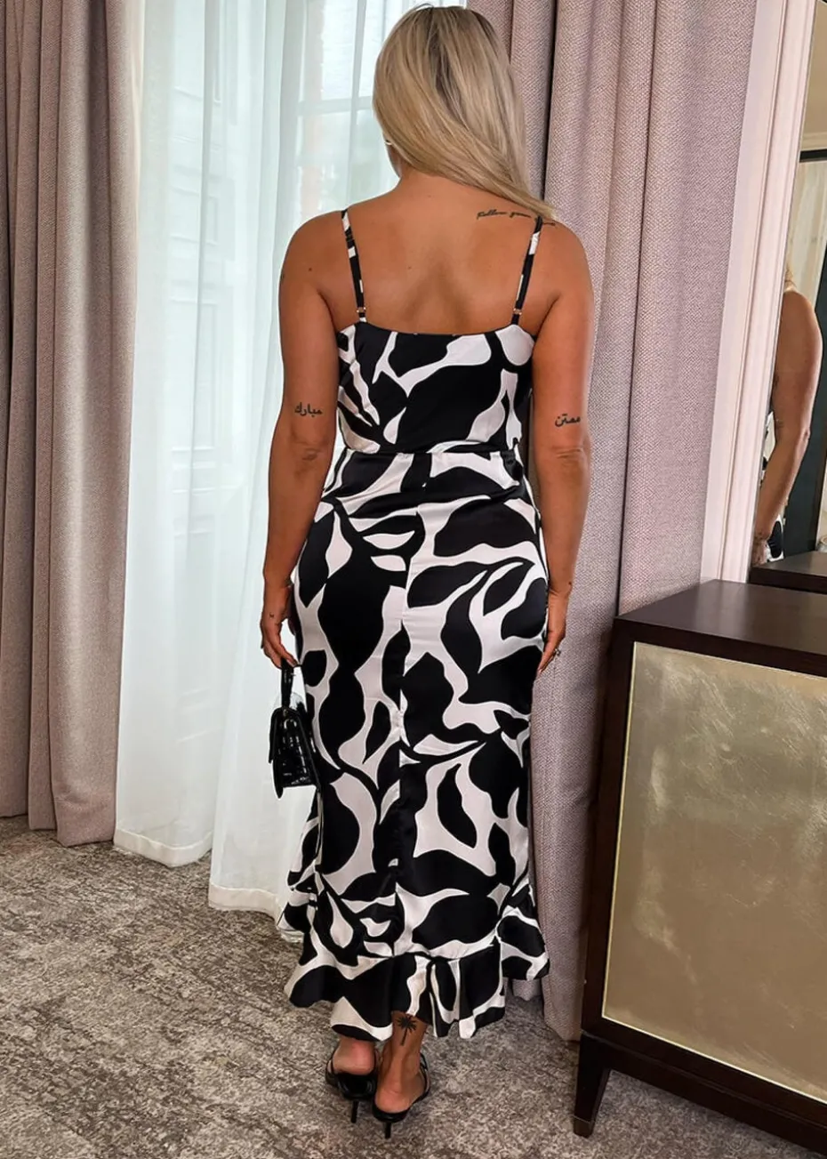 AX Paris Black & White Leaf Print Strappy Wrap Top High Low Frill Hem Midi Dress