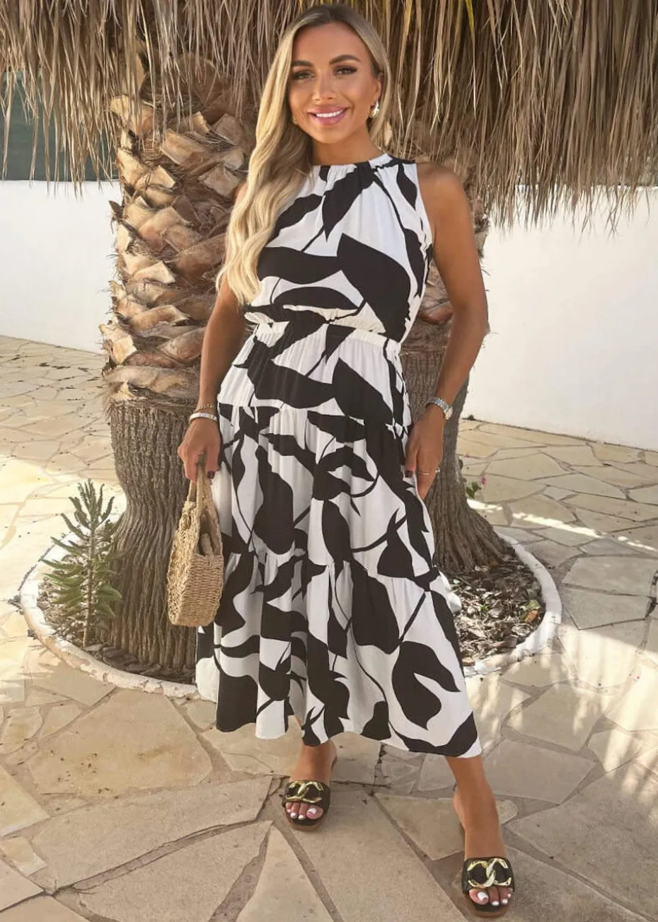 AX Paris Black & White Leaf Print Sleeveless Tiered Smock Midi Dress