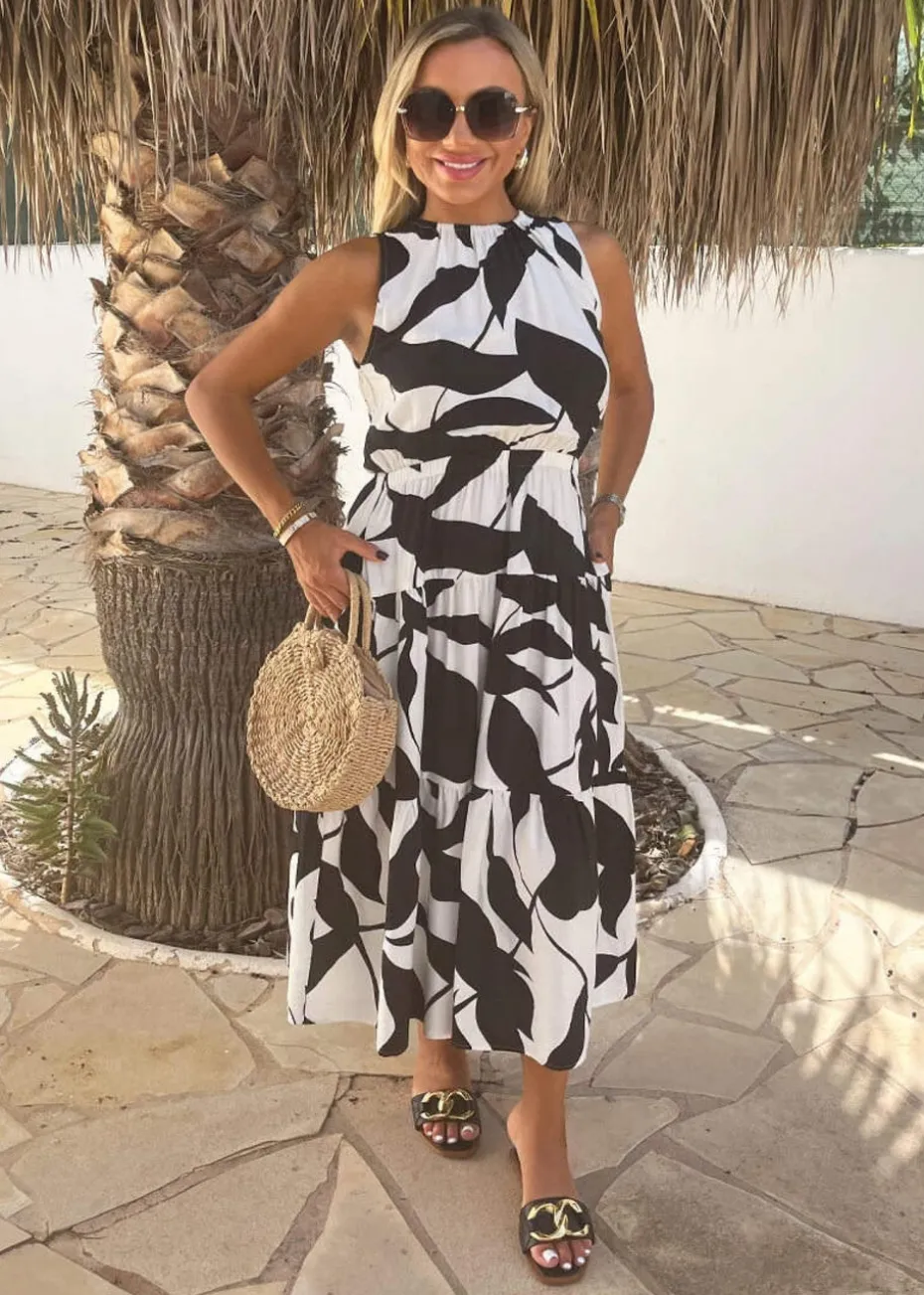 AX Paris Black & White Leaf Print Sleeveless Tiered Smock Midi Dress