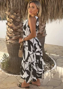 AX Paris Black & White Leaf Print Sleeveless Tiered Smock Midi Dress