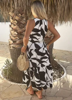 AX Paris Black & White Leaf Print Sleeveless Tiered Smock Midi Dress