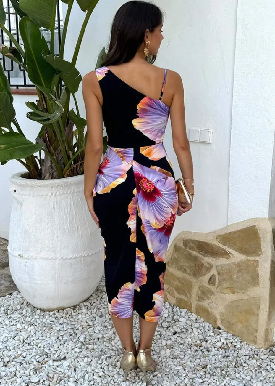 AX Paris Black And Lilac Floral Print Strap Detail Gathered Skirt Midi Dress