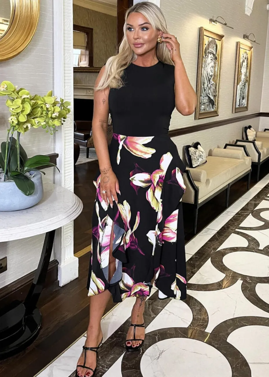AX Paris Black Floral Print 2 In 1 Double Frill Split Midi Dress