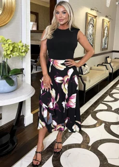 AX Paris Black Floral Print 2 In 1 Double Frill Split Midi Dress