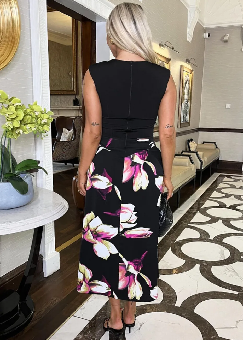 AX Paris Black Floral Print 2 In 1 Double Frill Split Midi Dress