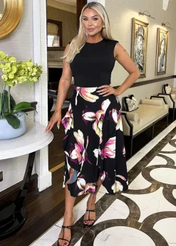 AX Paris Black Floral Print 2 In 1 Double Frill Split Midi Dress