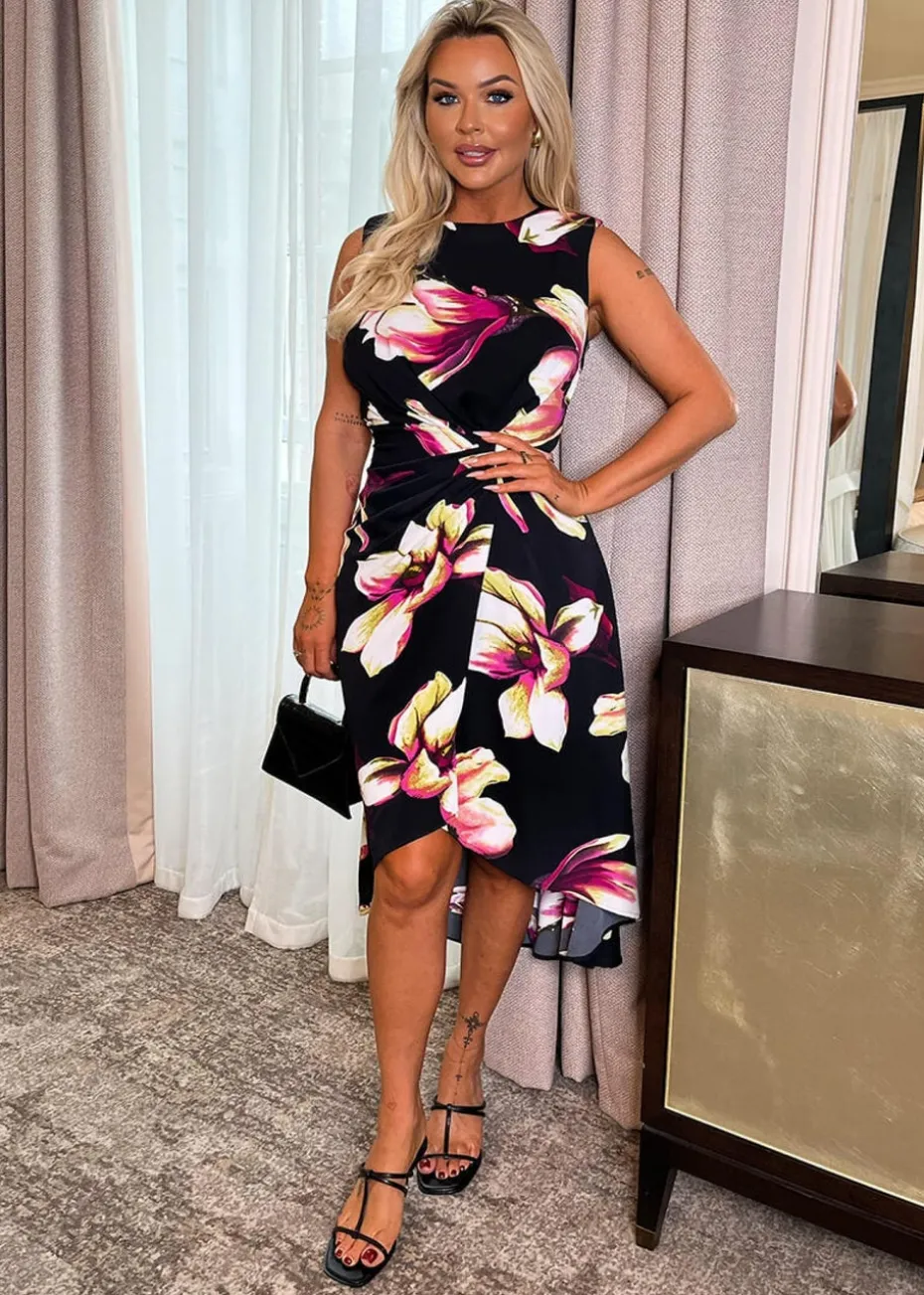 AX Paris Black Floral Print Gathered Midi Dress With Shoulder Pads