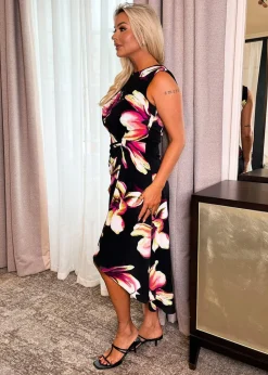 AX Paris Black Floral Print Gathered Midi Dress With Shoulder Pads