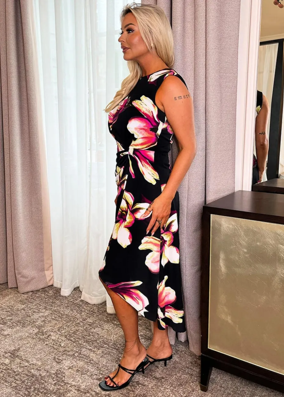 AX Paris Black Floral Print Gathered Midi Dress With Shoulder Pads