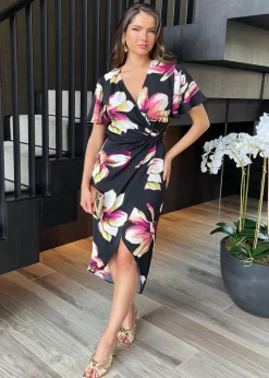 AX Paris Black Floral Print Short Sleeve Ring Detail Wrap Midi Dress