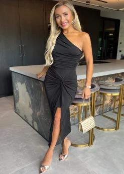 AX Paris Black One Shoulder Knot Skirt Midi Dress