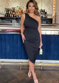 AX Paris Black One Shoulder Asymmetric Hem Ruched Midi Dress