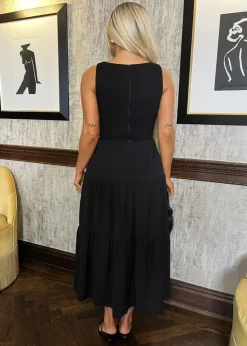 AX Paris Black Round Neck Ribbed Top Tiered Skirt Midi Dress