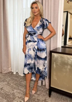 AX Paris Blue Marble Print Short Sleeve Belted Wrap Midi Dress