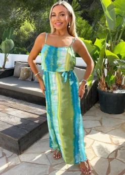 AX Paris Blue Smudge Stripe Print Tie Waist Strappy Midi Dress