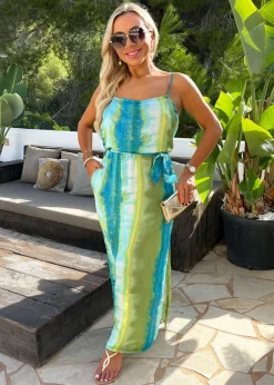 AX Paris Blue Smudge Stripe Print Tie Waist Strappy Midi Dress