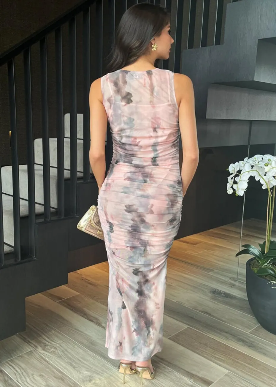 AX Paris Blush Marble Print Mesh Overlay Bodycon Midi Dress