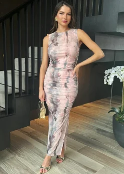 AX Paris Blush Marble Print Mesh Overlay Bodycon Midi Dress