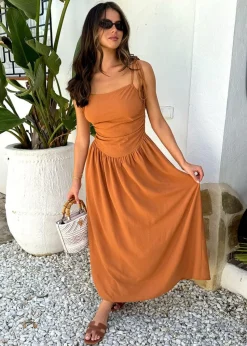 AX Paris Brown Drawstring Tie Straps Ruched Top Midi Dress