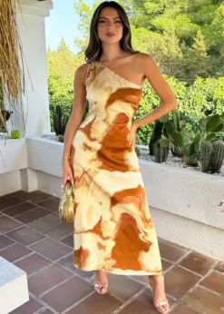 AX Paris Brown Marble Print One Shoulder Open Back Twist Detail Midi Dress