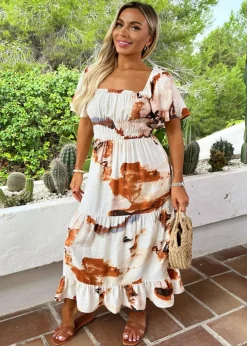 AX Paris Brown Smudge Print Shirred Waist Smock Midi Dress