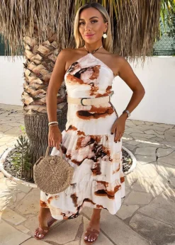 AX Paris Brown Smudge Print Halterneck Straw Belt Tiered Midi Dress