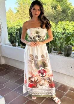 AX Paris Cream Safari Print Strapless Shirred Waist Side Split Midi Dress