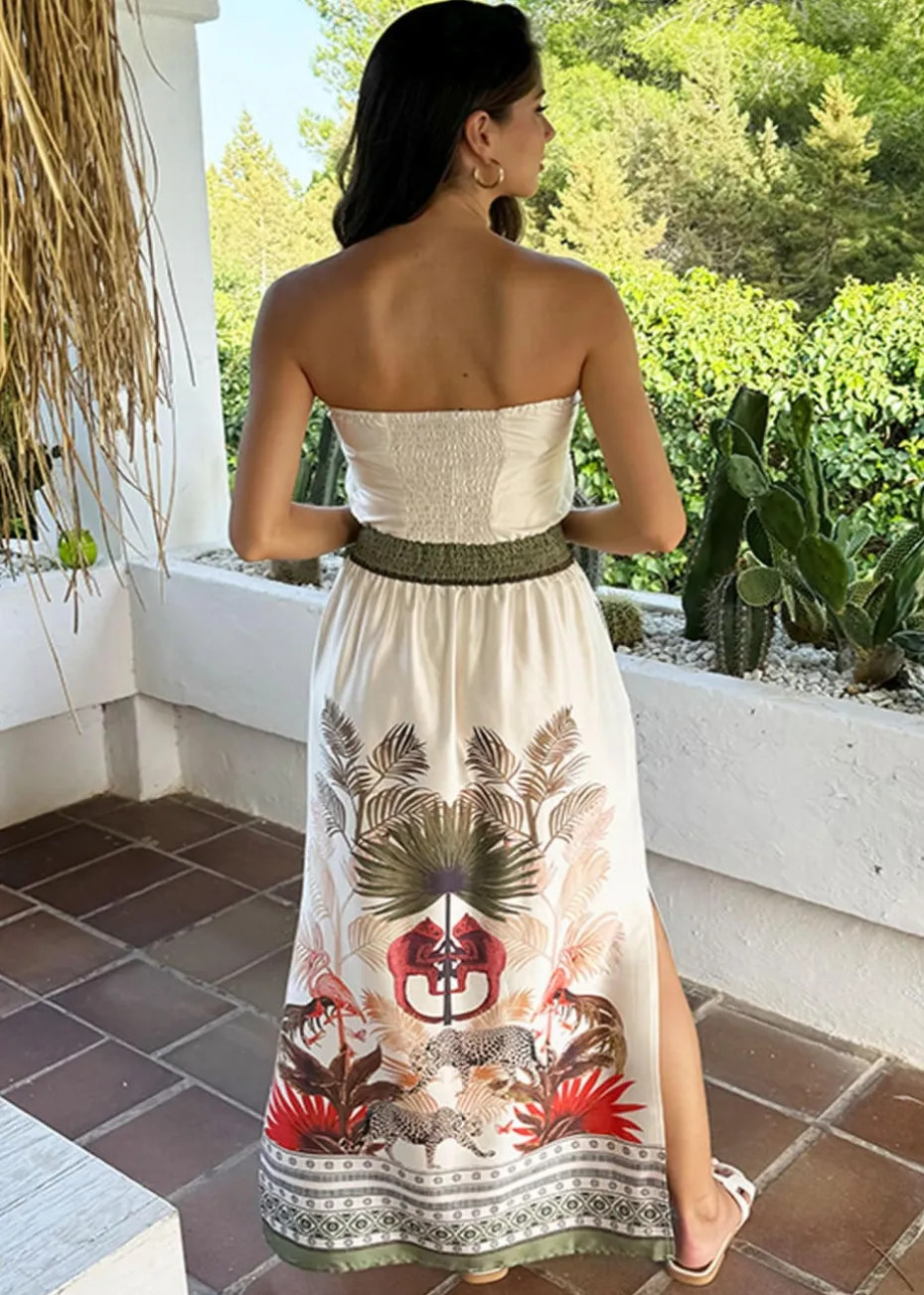 AX Paris Cream Safari Print Strapless Shirred Waist Side Split Midi Dress