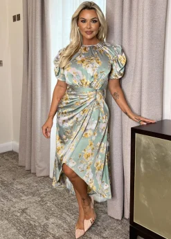 AX Paris Duck Egg Floral Print Puff Sleeve Gathered Side Midi Dress