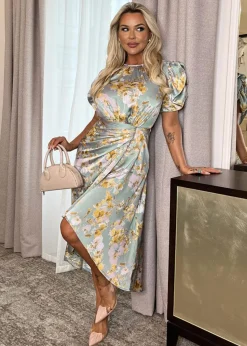 AX Paris Duck Egg Floral Print Puff Sleeve Gathered Side Midi Dress