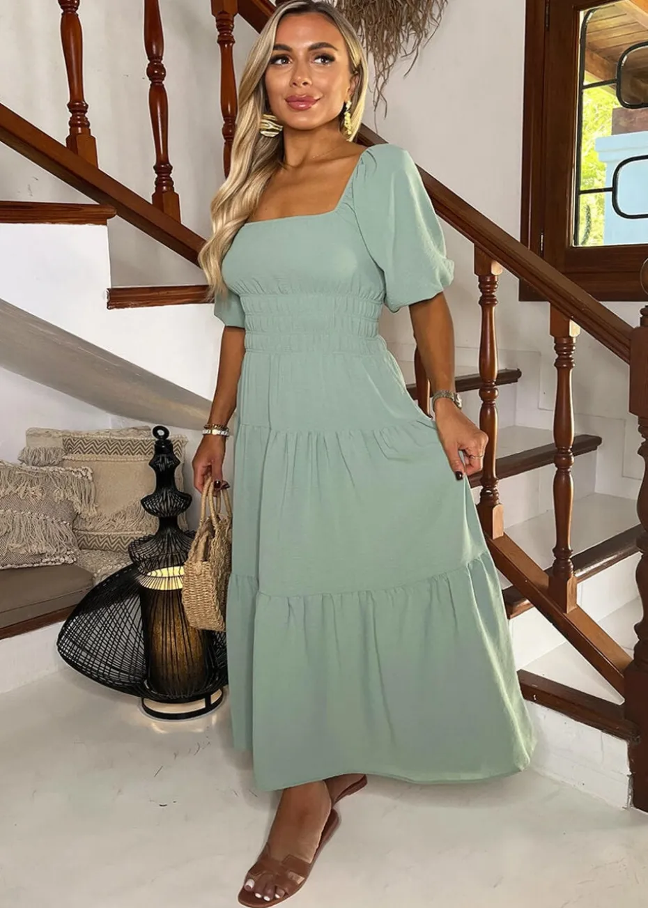 AX Paris Duck Egg Puff Sleeve Shirred Waist Smock Midi Dress