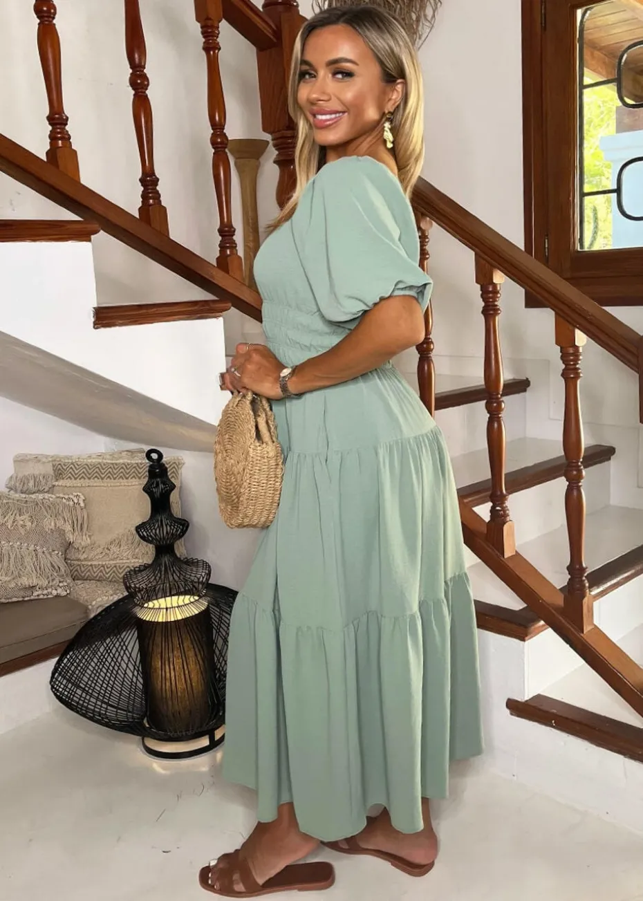 AX Paris Duck Egg Puff Sleeve Shirred Waist Smock Midi Dress