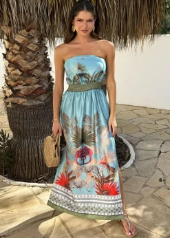 AX Paris Duck Egg Safari Print Strapless Shirred Waist Side Split Midi Dress