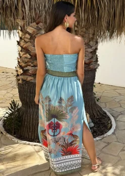 AX Paris Duck Egg Safari Print Strapless Shirred Waist Side Split Midi Dress