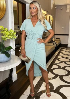 AX Paris Duck Egg Short Sleeve Ring Detail Wrap Midi Dress