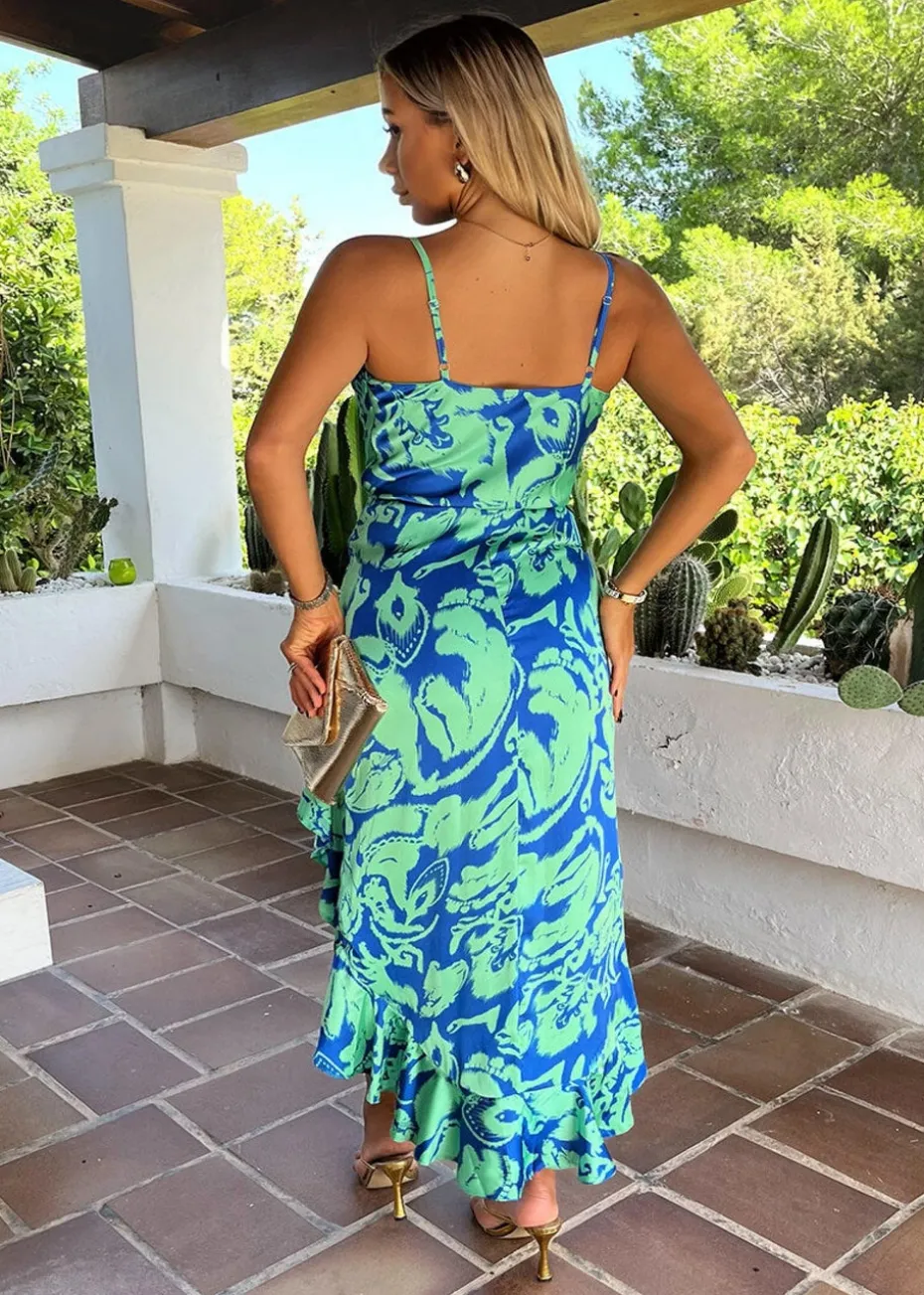AX Paris Green Abstract Printed Strappy Wrap Frill Hem Midi Dress