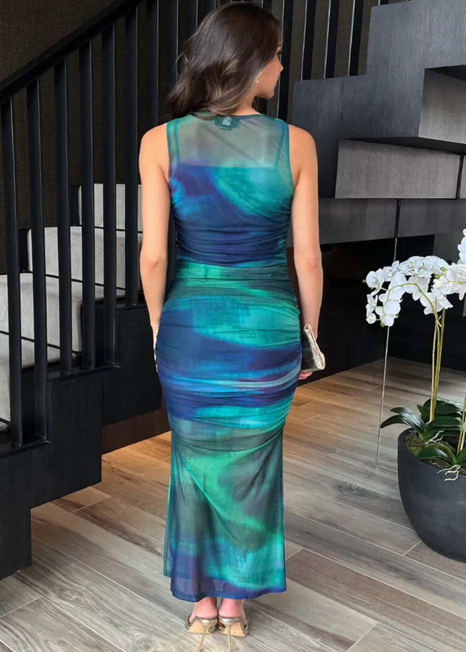 AX Paris Green Tie Dye Print Mesh Overlay Bodycon Midi Dress