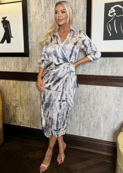 AX Paris Grey Printed 3/4 Sleeve Side Tie Waist Wrap Shirt Midi Dress