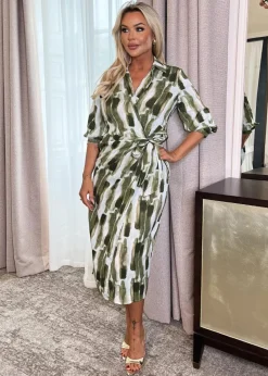 AX Paris Khaki Brush Stroke Print 3/4 Sleeve Tie Waist Wrap Shirt Midi Dress