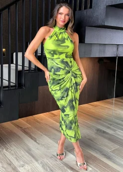 AX Paris Lime Tie Dye Print Halter Neck Knot Skirt Mesh Midi Dress