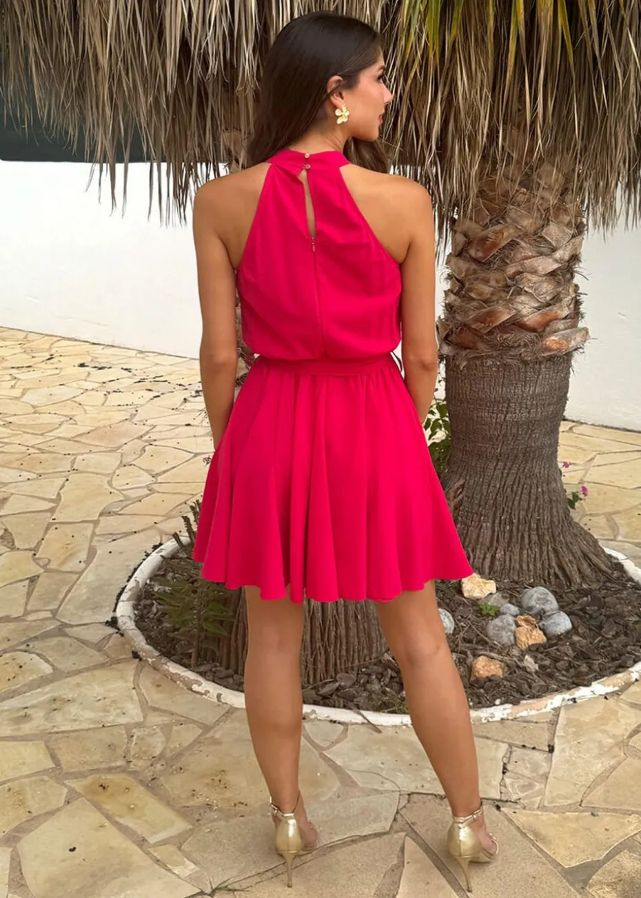AX Paris Magenta Halterneck Tie Waist Skater Mini Dress