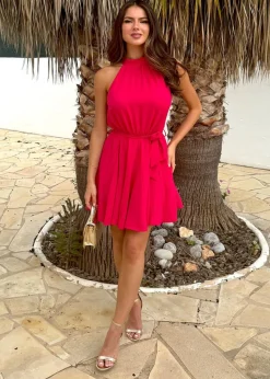AX Paris Magenta Halterneck Tie Waist Skater Mini Dress